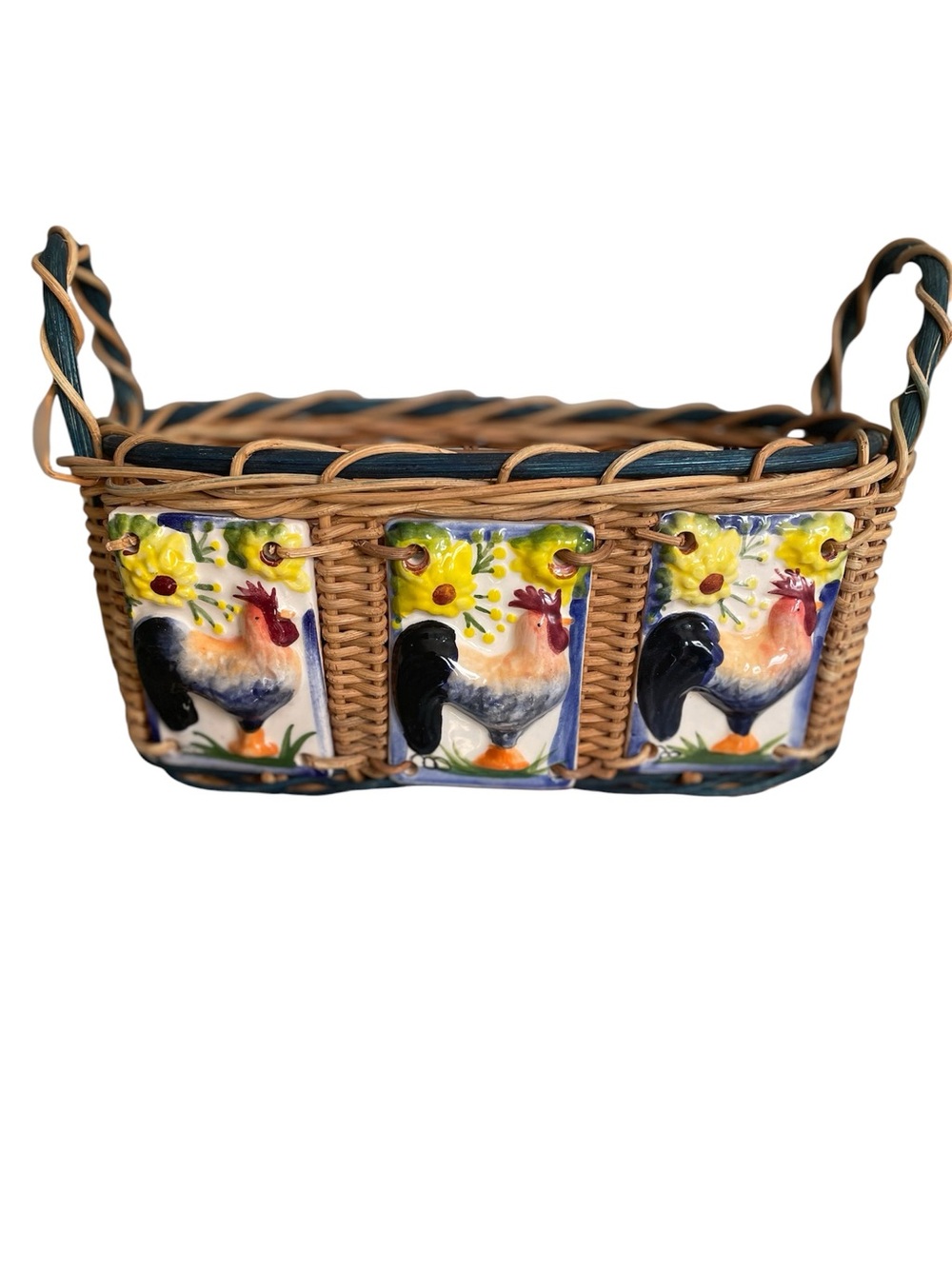 Basket Roosters & Sunflowers Wicker Tiles Hand Painted Vintage Country
